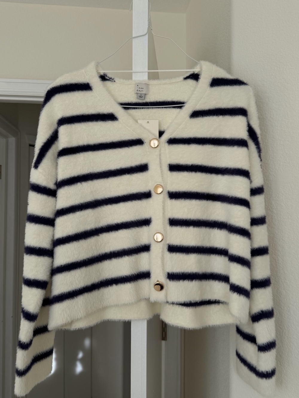 A New Day Women's Fuzzy Party Cardigan in cream and navy blue stripes Size L NWT - Picture 5 of 13